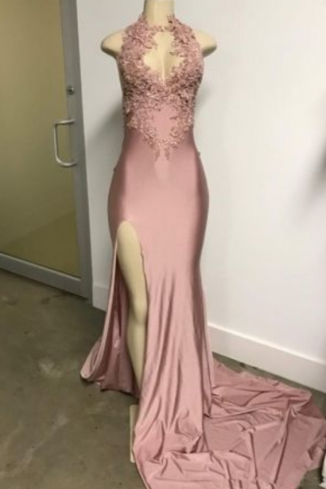 Elegant Halter Evening Dress,lace Appliques Prom Dress With Split