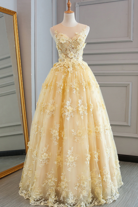 Spring yellow lace customize long A-line senior prom dress, long lace halter evening dress