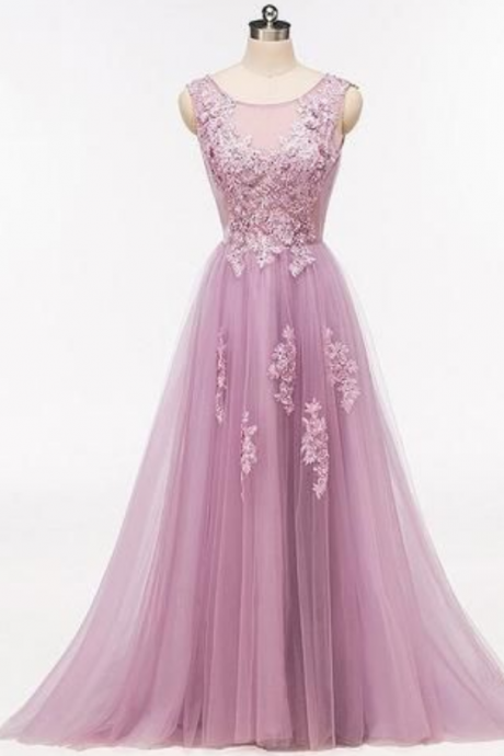Purple Scoop Neckline Tulle Skirt Long Evening Prom Dresses, Popular Long Evening Dress