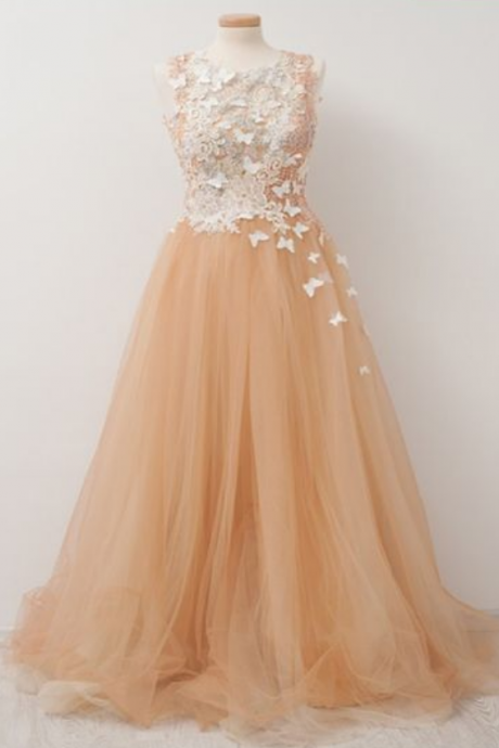 Vogue A-line Champagne Prom Dress,scoop Neckline Appliqued Tulle Long Prom Dresses Online,evening Dress
