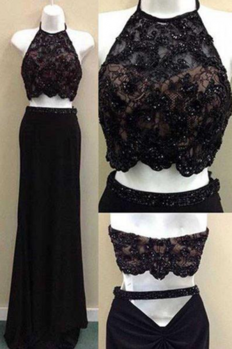 Sexy Two Piece Halter Beading Lace Black Long Chiffon Prom Evening Dresses