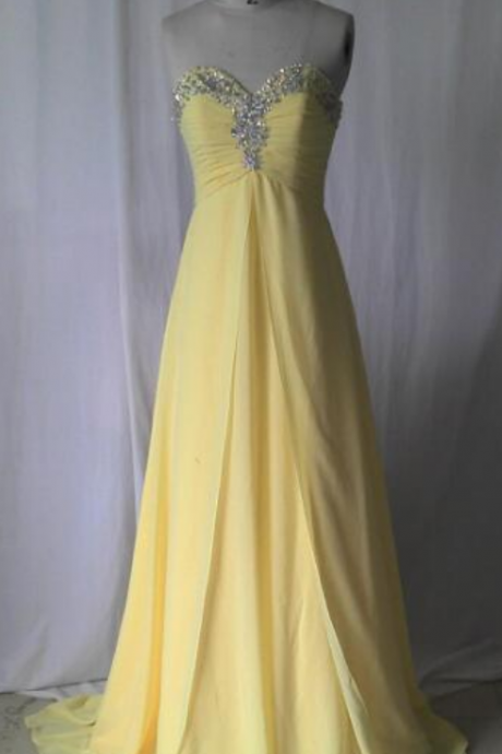 Charming Chiffon Prom Dresses Yellow Sweetheart Neck Crystal Floor Length Party Dresses Long Pleat Women Dresses