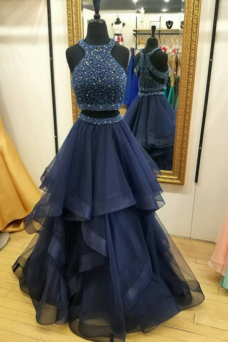 Charming Navy Blue Prom Dress,two Piece Prom Dresses,ball Gown Prom Dress,long Party Dresses, 2 Piece Prom Dress, Beading Prom Dress, Senior Prom