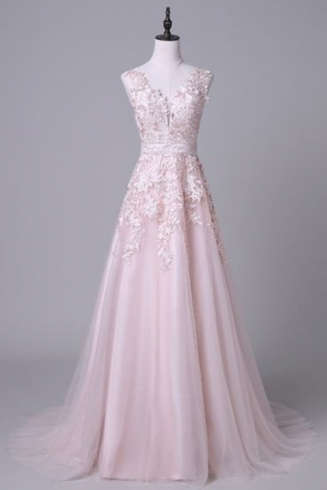 A line Wedding Dress,pink Wedding Dresses, Long bridal Dresses ,With Layered appliques v-neck Wedding Dress
