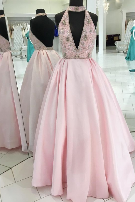 Gorgeous A-line Beaded Prom Dresses,pink Long Prom Dress With Backless,evening Dress