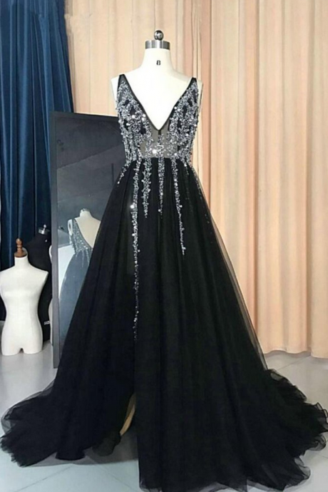 Brand Black Tulle Evening Dresses, V Neck ,silver Sequins Prom Dresses,long Slit Evening Dress, Long Open Back, Senior Prom Dress