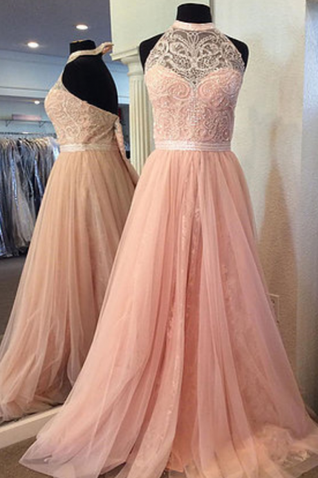 Pink Tulle Strapless Prom Dresses, Long A-line Crystal Prom Dress, Backless Long Evening Dress, Prom Dresses