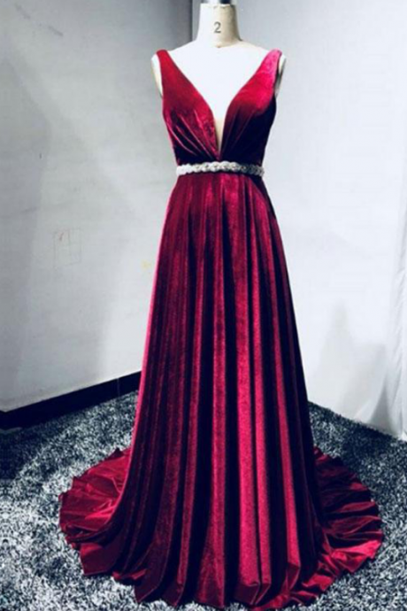 Stylish A Line Deep V Neck Beaded Long Burgundy Velvet Prom/evening Dress