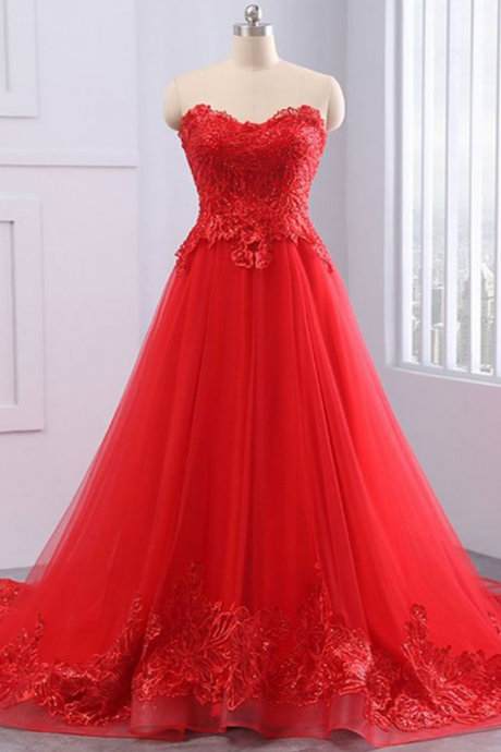 Red Tulle Prom Gowns ,strapless Long Evening Dress, A-line Customize Party Dress, Lace Evening Dress, Sweep Train Prom Dress