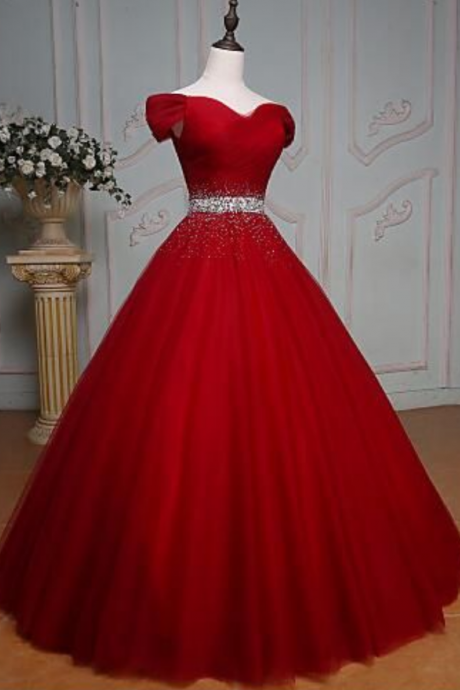 Off Shoulder Red Prom Dresses,ball Gown , Prom Dress,beading Prom Dress,red Tulle Evening Dress,sexy Off Shoulder Sleeves Red Graduation