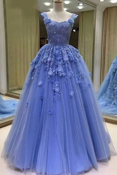 Blue Tulle Sweetheart Prom Dresses, 3d Lace Appliques Evening Dress, Floor Length Evening Dress