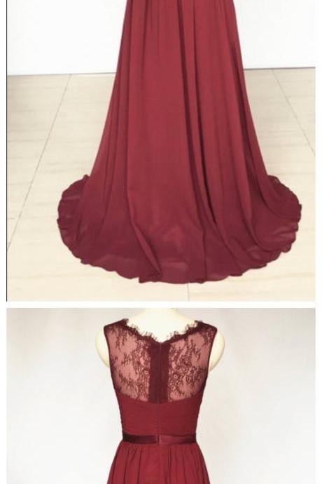 V-neck Burgundy Lace Chiffon Long Bridesmaid Dress