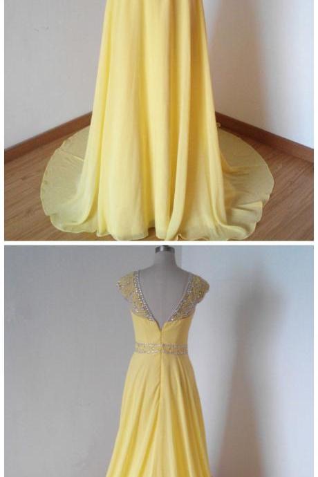 Long Prom Dress, Prom Dress, V-back Prom Dress, Yellow Prom Dress, Chiffon Prom Dress, Gorgeous Prom Dress