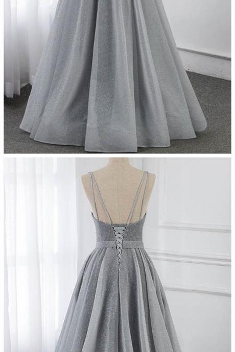 Spark Queen Simple Gray Long Prom Dresses Straps Formal Party Dress Sleeveless Lace-up