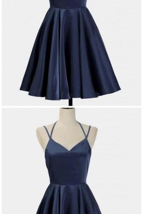 Spark Queen Simple Short Blue Sleeveless V-neck Mini Evening Dress Women Dress Satin Ruffles Spaghetti-straps Homecoming Dress