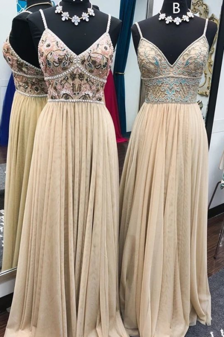 Spark Queen Handmade Champagne Prom Dresses, Beaded Champagne Prom Dresses, Long Champagne