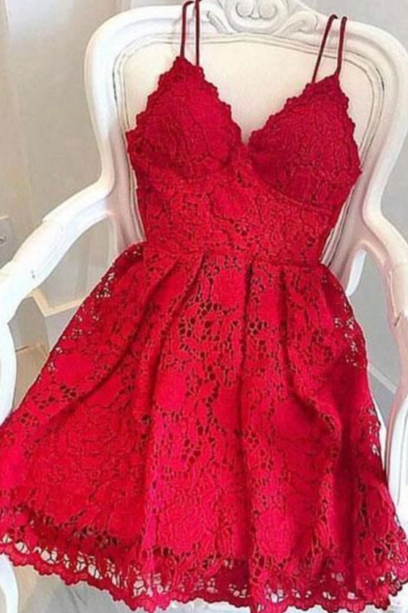 Spark Queen Red Lace Short Prom Dress Cute Lace Cocktail Dress