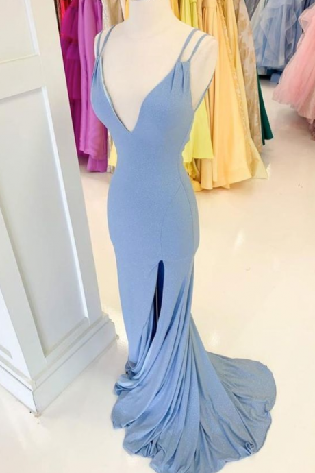 Spark Queen Simple V Neck Mermaid Long Prom Dress Blue Long Evening Dress