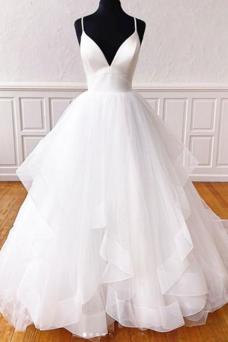 Spark Queen White V Neck Tulle Long Prom Dress White Formal Dress