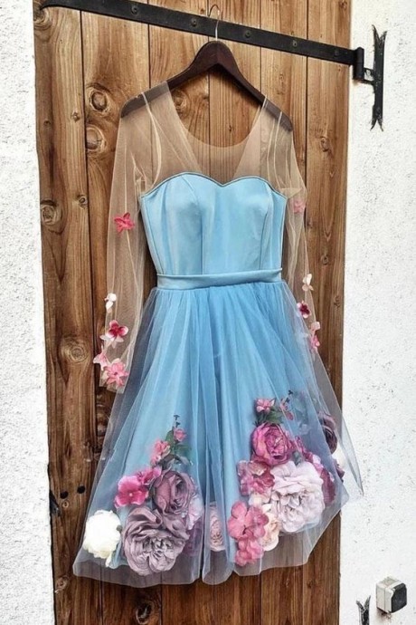 V Neck 3d Applique Short Prom Dress, Long Sleeves Homecoming Dress