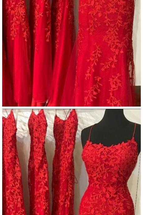 Red Lace Prom Dresses, Mermaid Long Prom Dresses, Evening Party Dresses For Women