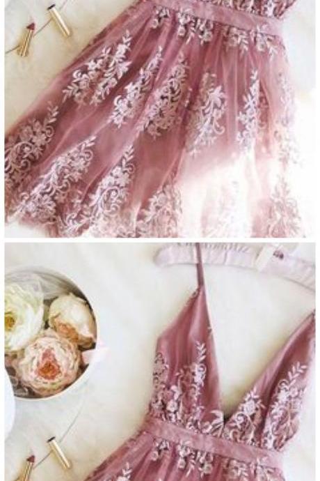 Pink Sleeveless Applique Short School Event Dress,spaghetti-straps V-neck Lace Short Homecoming Dress