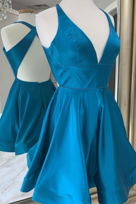 Short Empire Blue Party Dres With Cross Back
