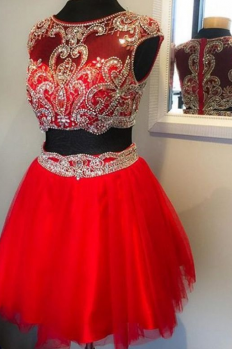 Red Two Piece Prom Dresses With Beaded Waistline, Illusion Beaded Prom Dresses, Short Cap Sleeve Tulle Prom Gowns