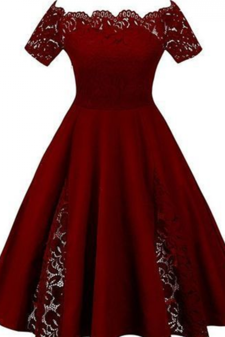 Elegant Burgundy Lace Homecoming Dress,Off Shoulder Short Sleeves Prom Dress,Custom Made Satin Plus Size Homecoming Dress