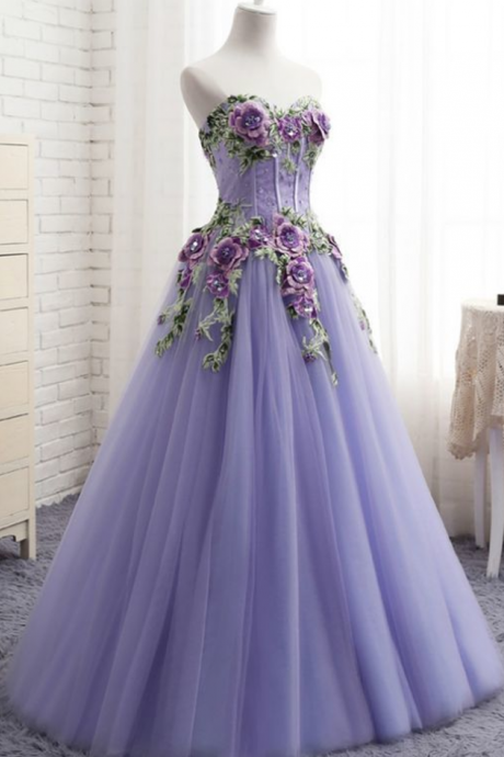 A-line Purple Tulle Embroidery Appliques Sweetheart Neck Prom Dress