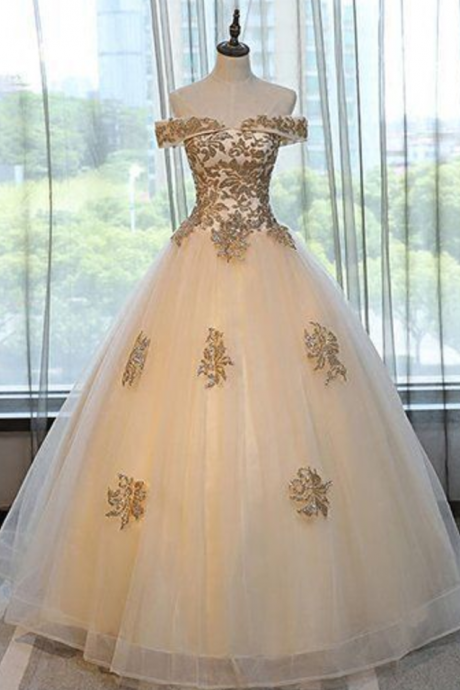 White Tulle Off Shoulder Strapless Floor Length Prom Dress, Evening Dress With Applique