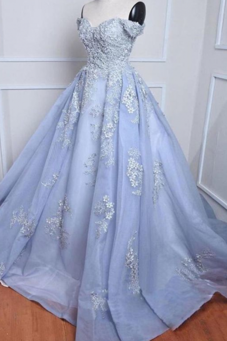 Blue Tulle Off Shoulder Long Quinceanera Dress, Sweet 16 Prom Dress With Sleeve