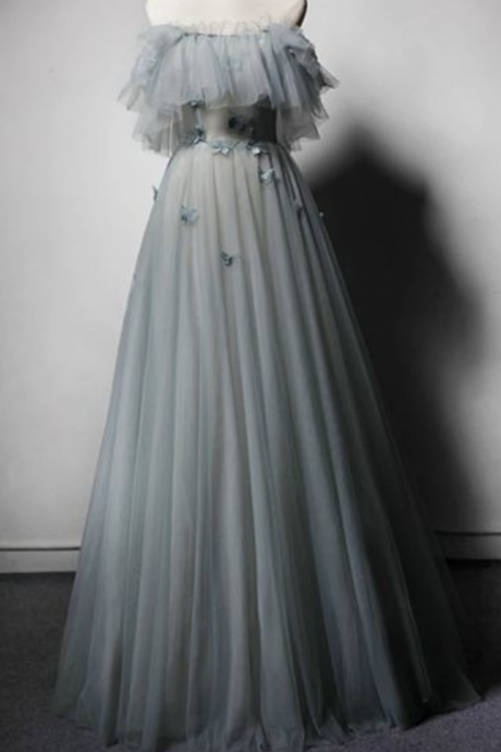 Gray Tulle Off Shoulder Custom Size Long Senior Prom Dress, Evening Dress
