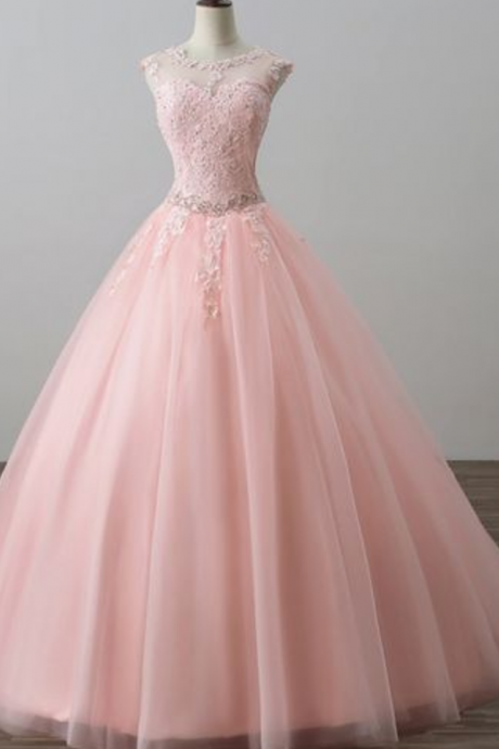 Long Pink Formal Dresses Featuring Sheer Neck And Lace Applique Bodice