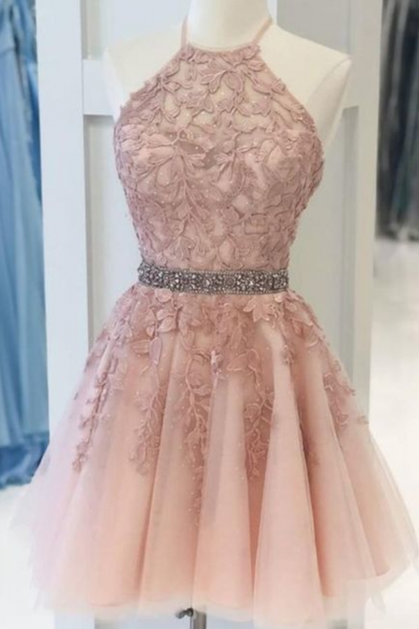 Halter Lace Blush Pink Homecoming Dress,beading Semi Formal Cocktail Dress