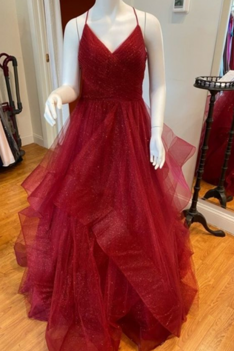 Burgundy A-line Tulle Long Formal Dress Evening Dress With Ruffled Skirt