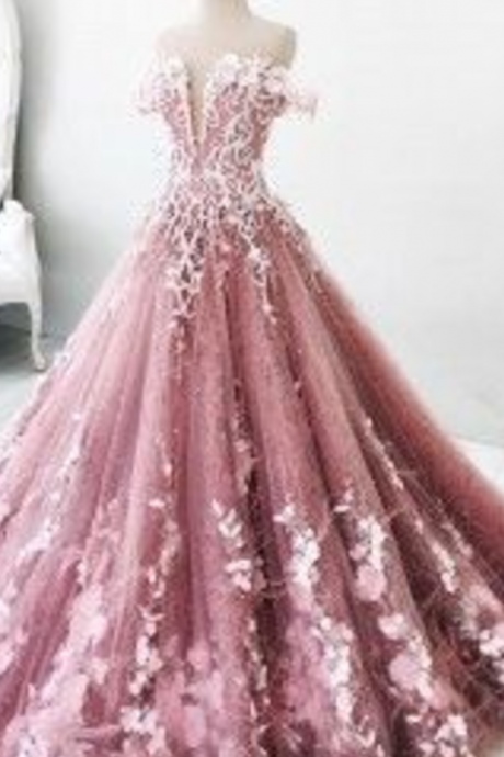 Lace Embroidery Off Shoulder Tulle Ball Gown Wedding Dresses