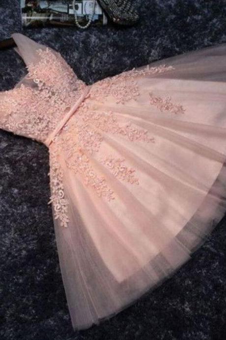 Princess V-neck Lace Appliques Beaded Short Prom Dress, Homecoming Dresses