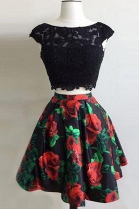 Two Piece Bateau Open Back Short Black Floral Homecoming Dress With Appliques