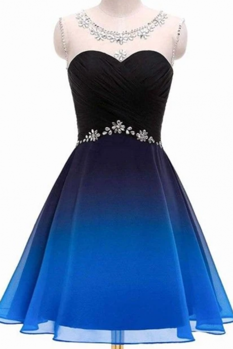 A Line Round Neck Beads Blue And Black Short Dresses, Ruffles Straps Homecoming Dresses, Cocktail Dresses