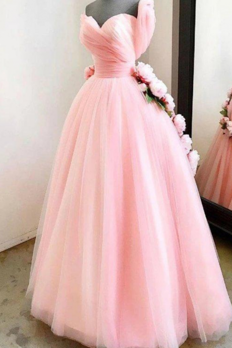 Charming Ball Gown Sweetheart Long Prom Dresses Pink Sweet 16 Dress With Handmade Flowers