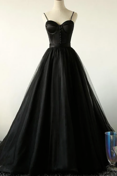 Ball Gown Spaghetti Straps Black Tulle Prom Dress Long Brush/sweep Train Prom Dress
