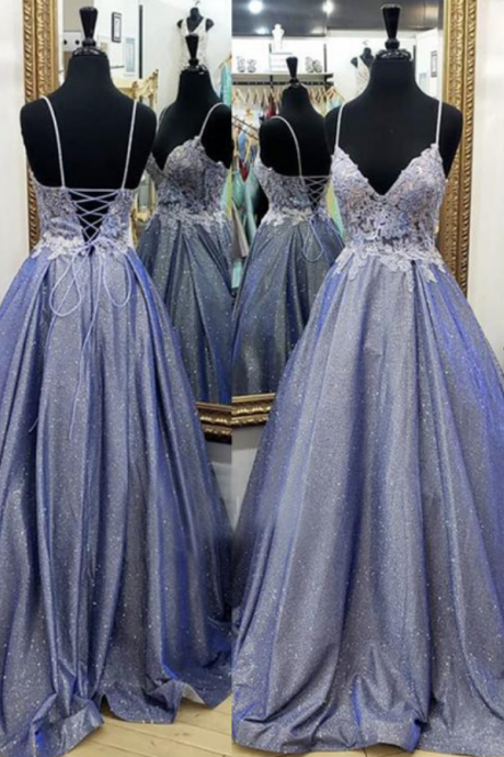 Spaghetti Long A-line Shiny Satin Prom Dresses, Lace Prom Dresses, Popular 2020 Prom Dresses