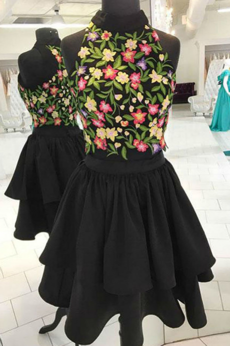 Vintage Black Two Piece Appliques Short Prom Dress