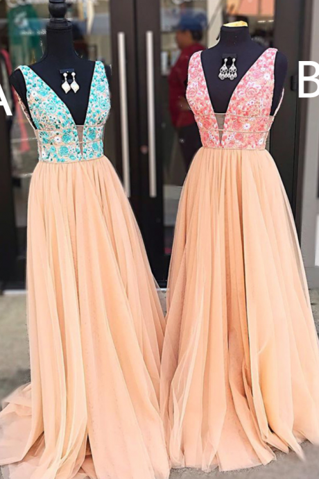 Plunging Neck Tulle Floral Long Prom Dress