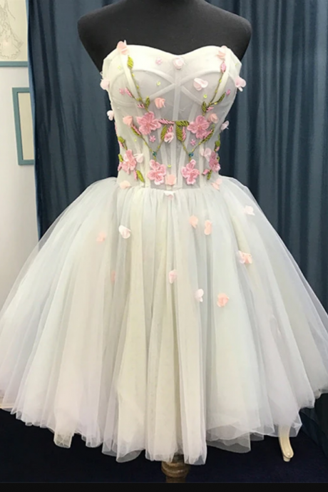 Short Sweetheart Homecoming Dress, Tulle Flowers Party Dress