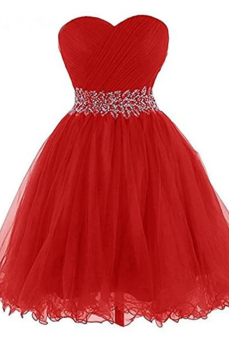 Red Beaded Sweetheart Tulle Homecoming Dress, Red Party Dress