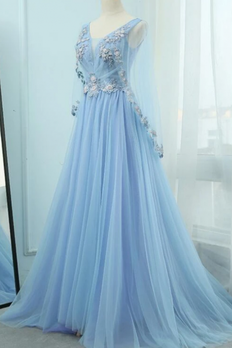 Beautiful Tulle Light Blue Floor Length Prom Dress, Party Dress