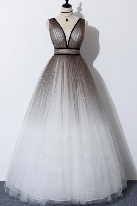 Beautiful Tulle V-neckline Long Party Dress, Prom Dress