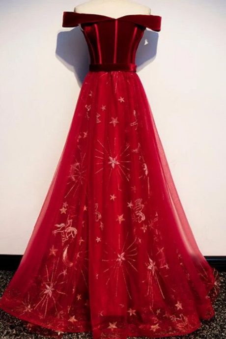 Tulle Off Shoulder Long Party Gown, Red Prom Dress 2020